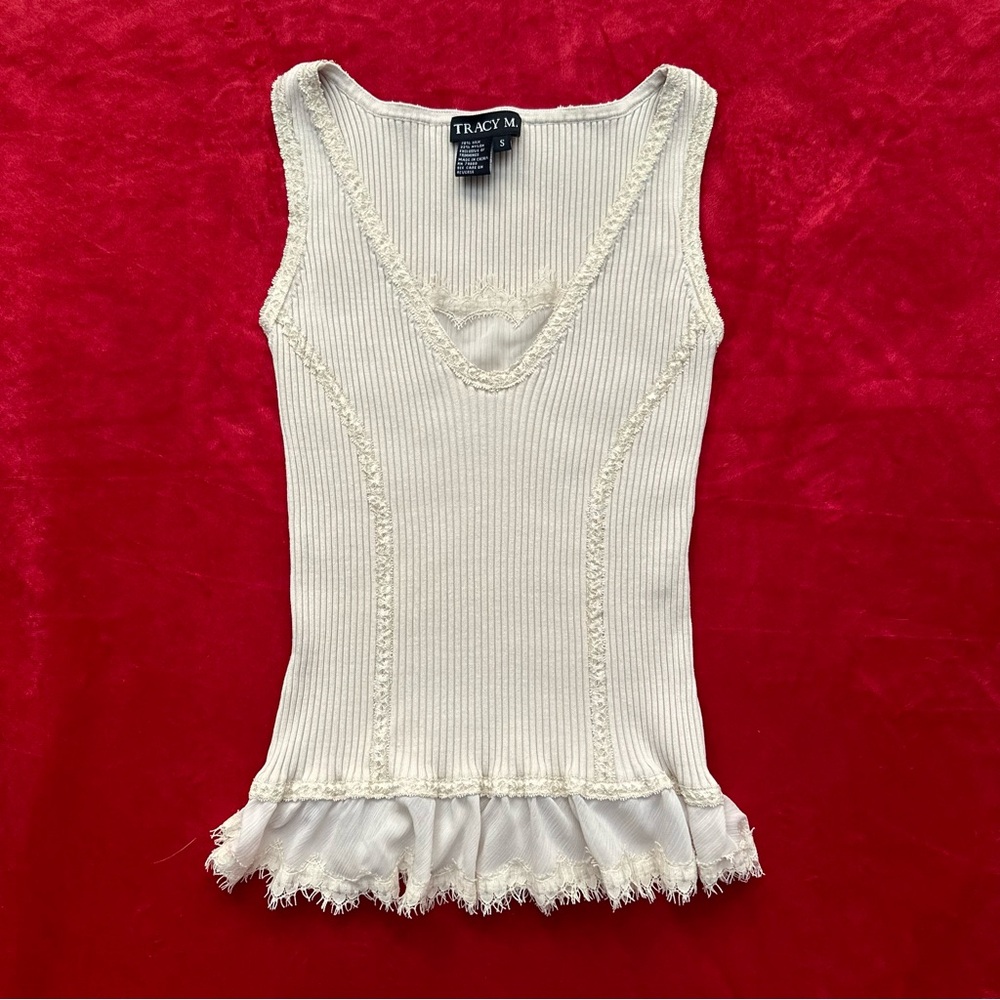 Vintage Silk and Knit Lace Ribbed Cream Tank Top Sleeveless Elegant Fairy Top